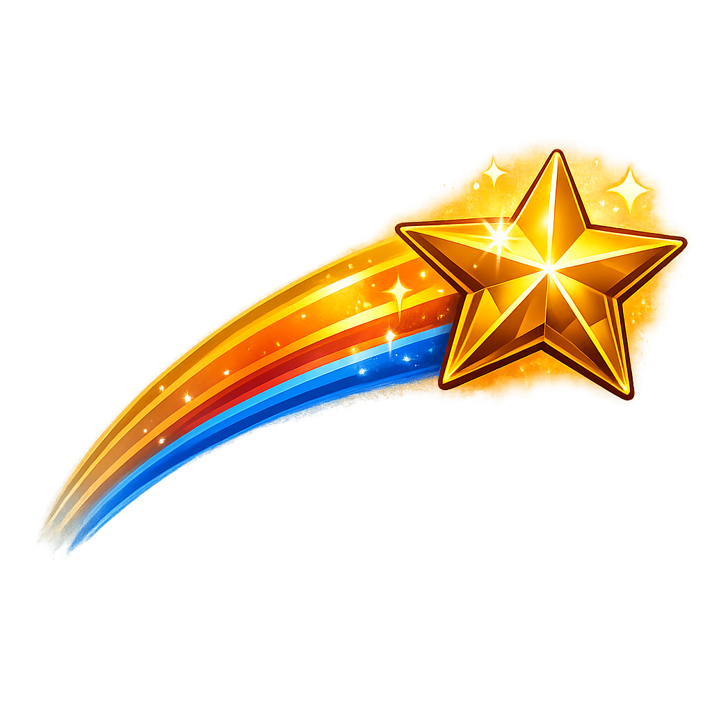 A golden star with a sparkling trail of colorful rainbow stripes against a black background.